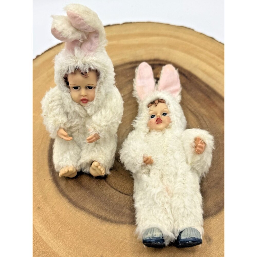 2 Vintage Miniature Porcelain Doll in Fuzzy Fabric Bunny Costume 4" & 6.5"